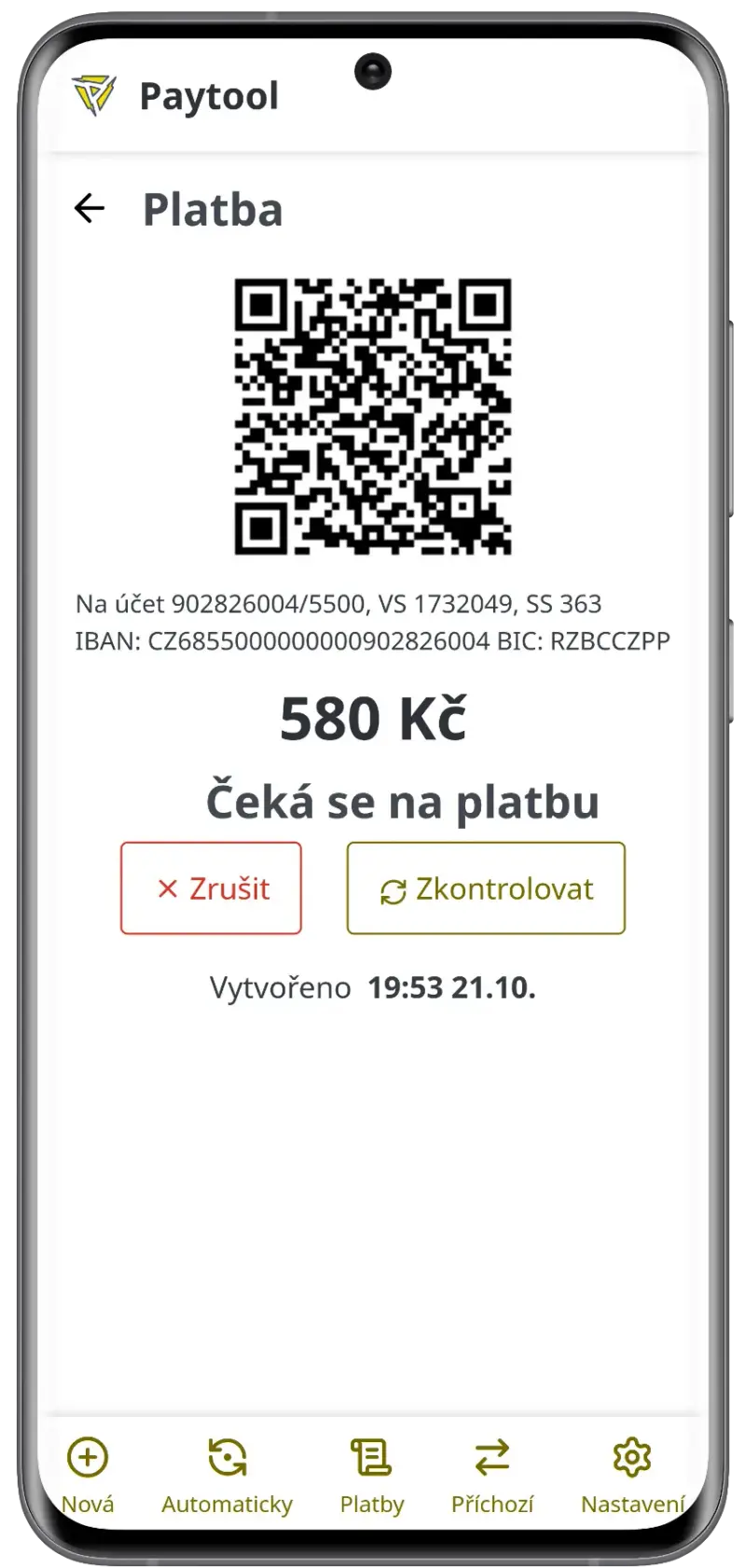 Paytool aplikace - QR kód pro platbu