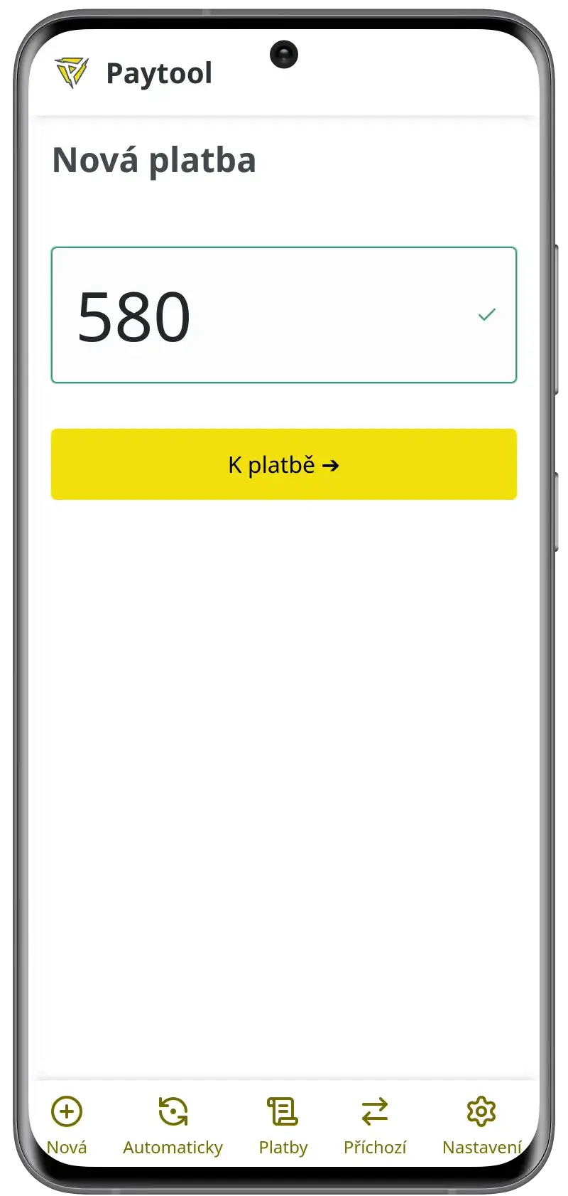 Paytool aplikace - zadání částky