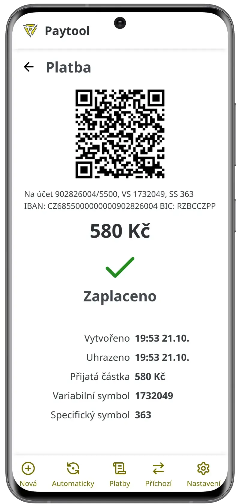 Paytool aplikace - potvrzení platby